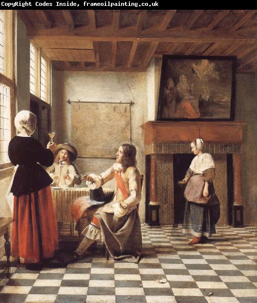 Pieter de Hooch An Interior,with a Woman Drinking with Two Men,and a Maidservant